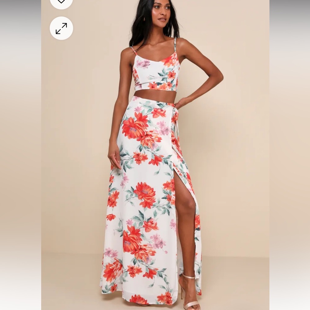 Lulus Bloom With a View White Floral Print Two-Piece Maxi Dress in White Floral